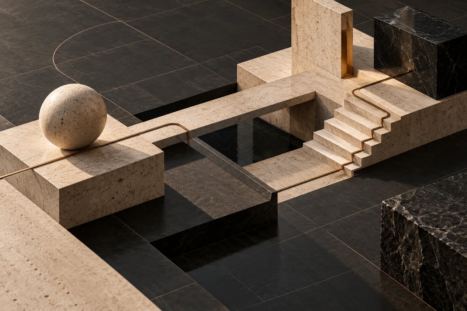 Stone pathways connected by a fine bronze line, tracing a deliberate route