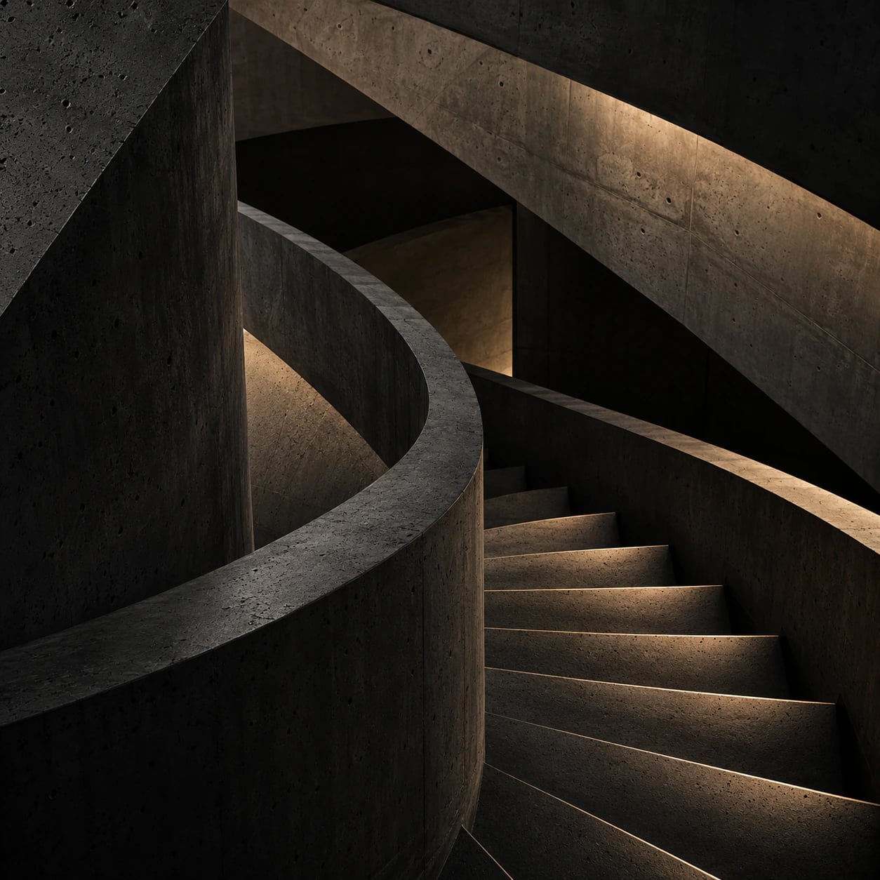 Sculptural charcoal concrete stairs in deep geometric shadow