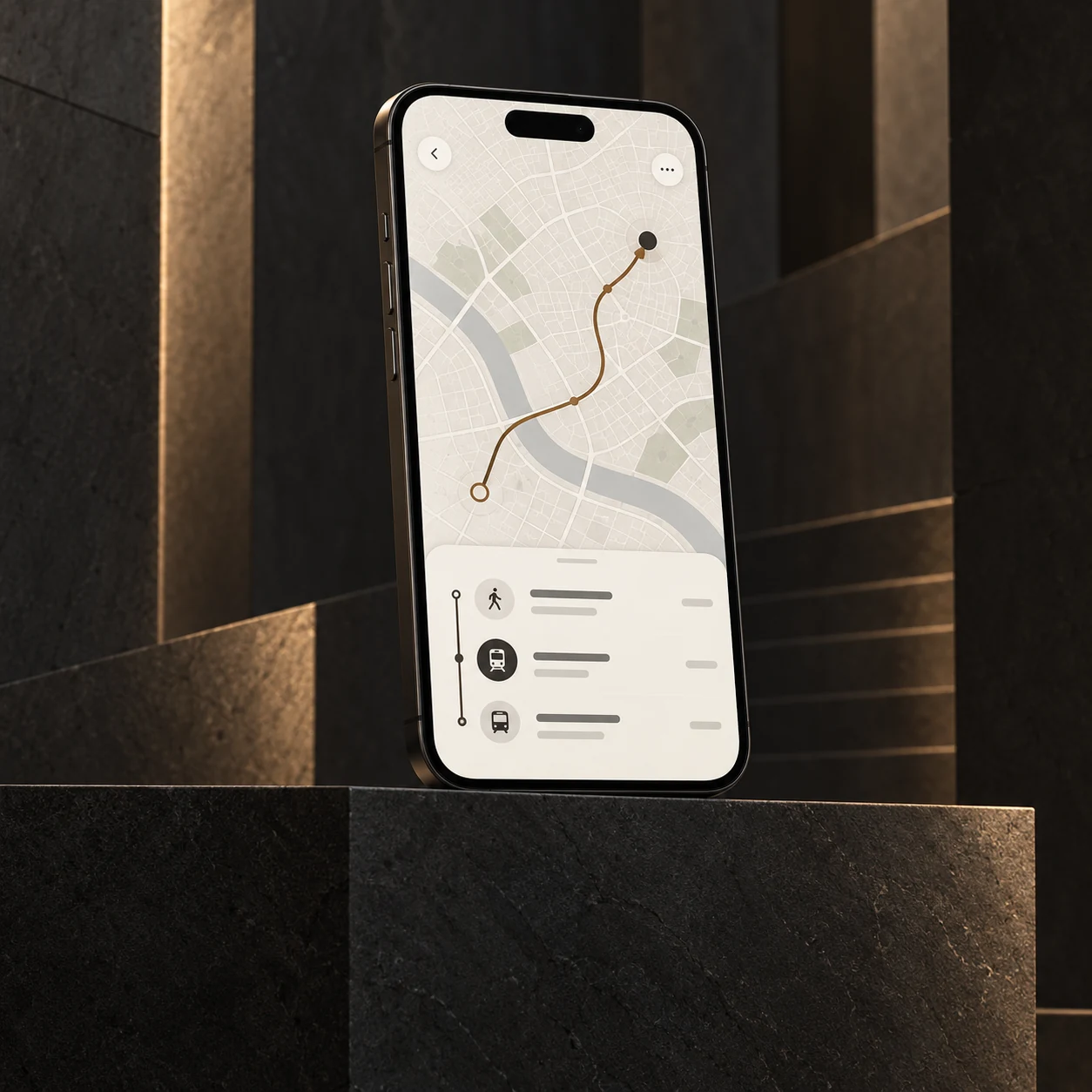 A graphite phone displaying an ivory city map and a bronze transit route