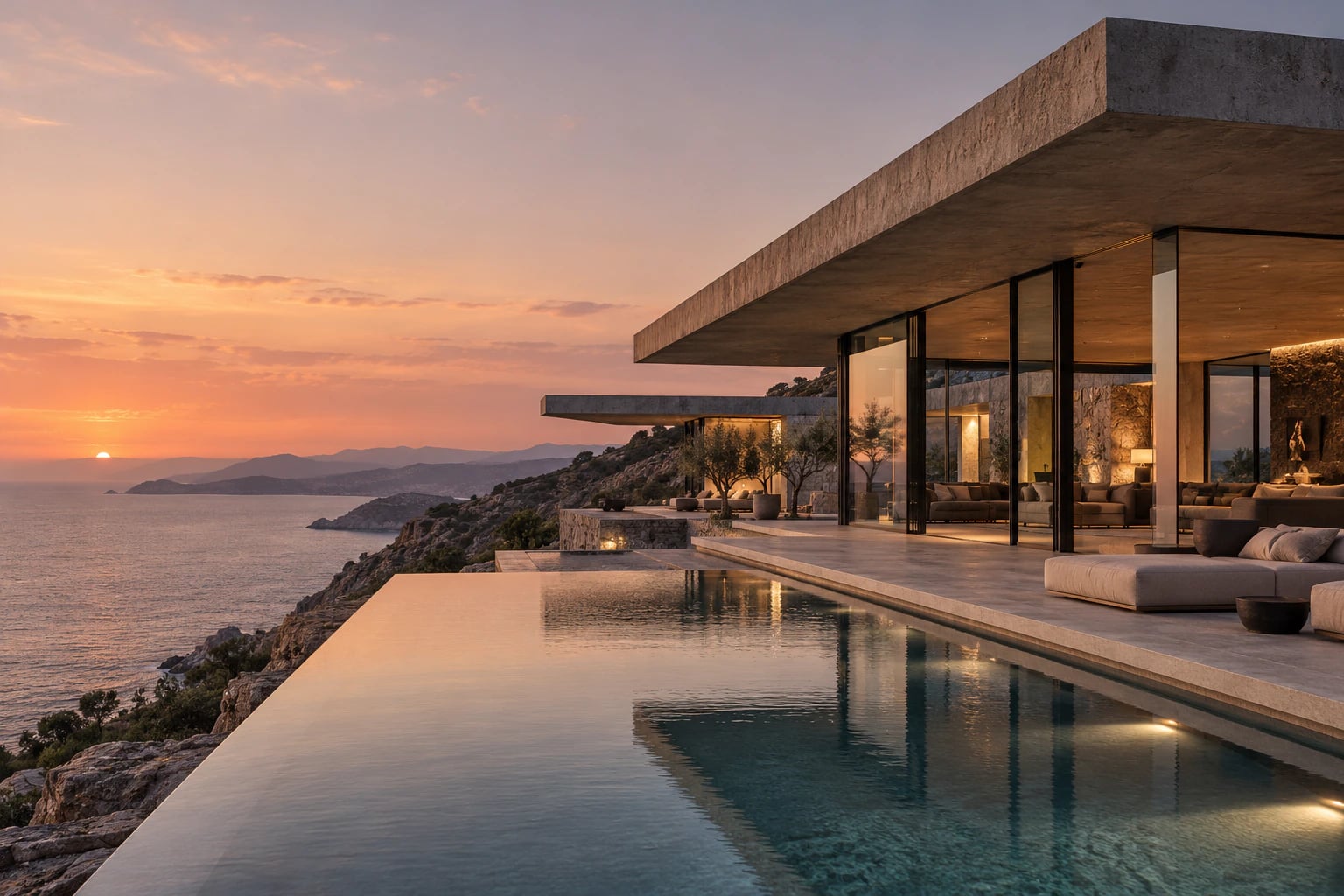 A cantilevered coastal residence overlooking a quiet infinity pool