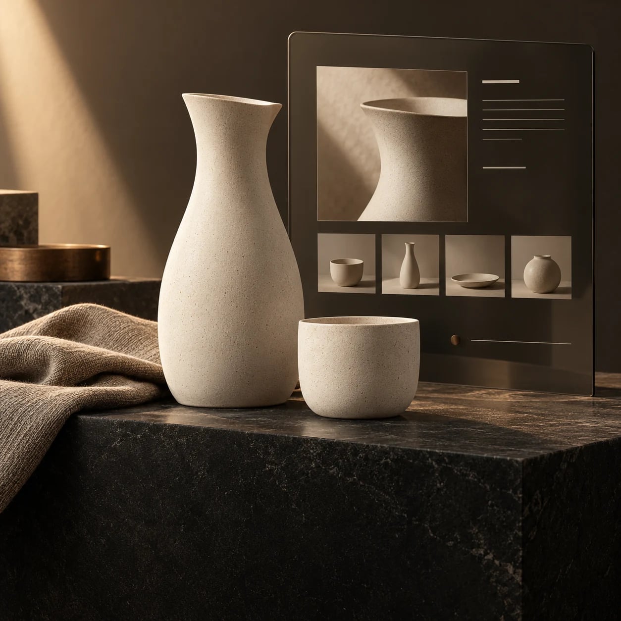 Ivory ceramic objects and taupe linen beside a refined digital product gallery