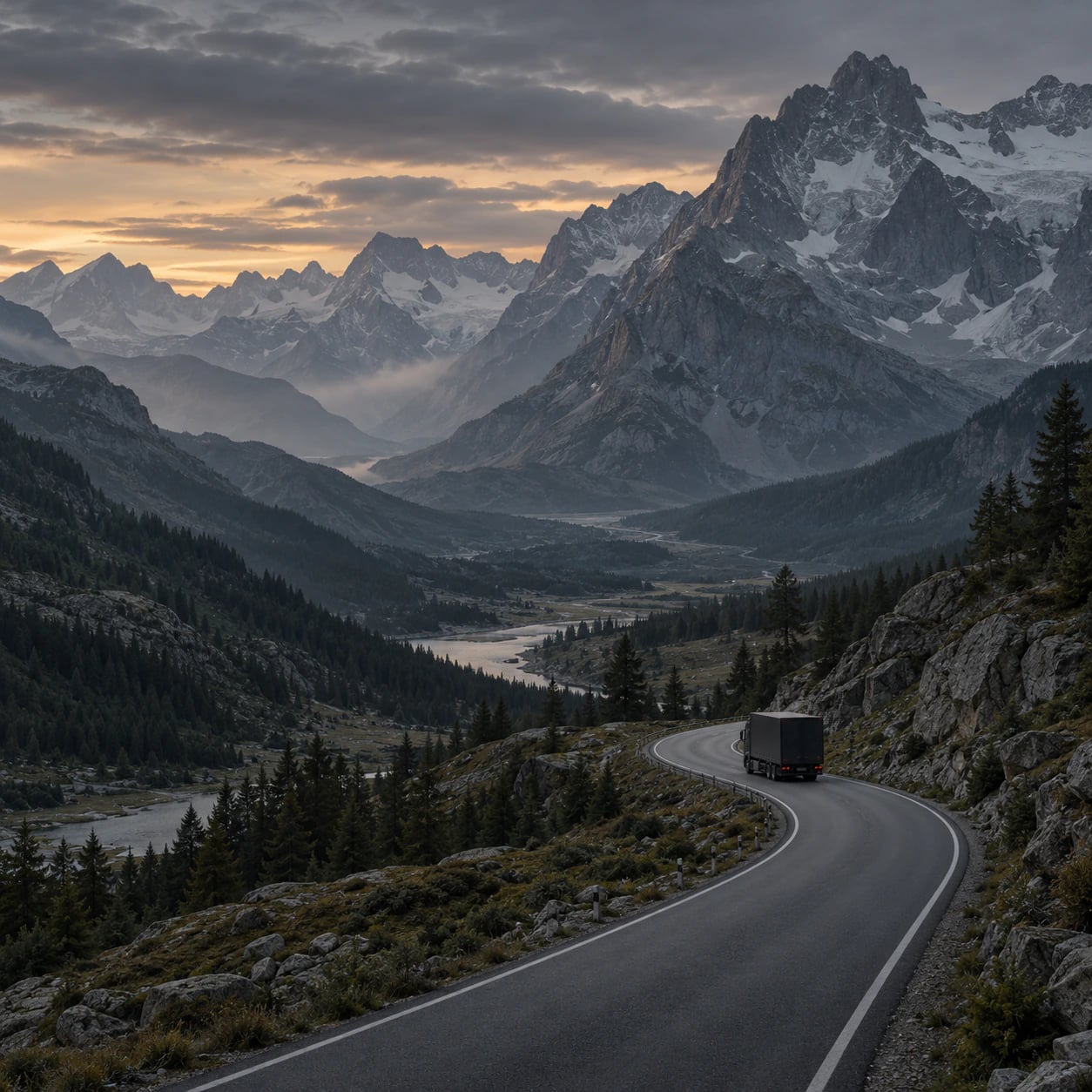 A freight truck following a winding road through alpine mountains at dusk
